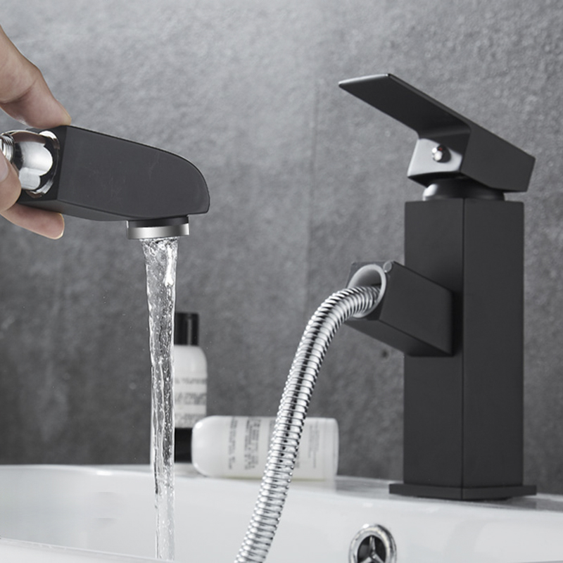 黑色方形可抽拉冷热水龙头单把单孔洗手盆家用卫生间洗脸盆水龙头