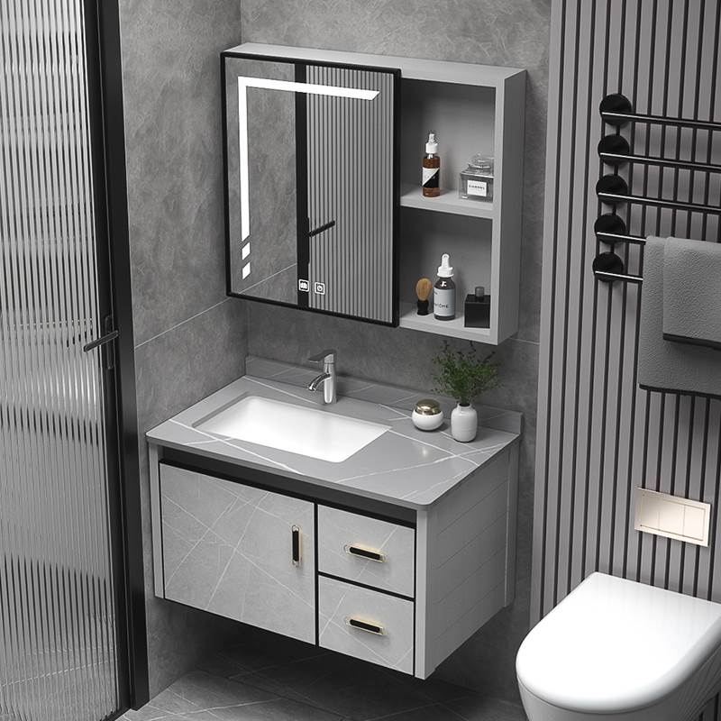现代简约太空铝浴室柜陶瓷一体盆组合卫生间岩板洗手盆柜洗脸池柜