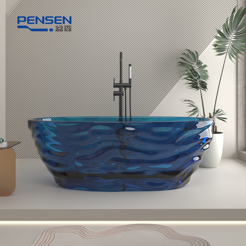 盆森水波纹型水晶浴缸透明彩色树脂艺术网红款一体浴缸独立式浴缸