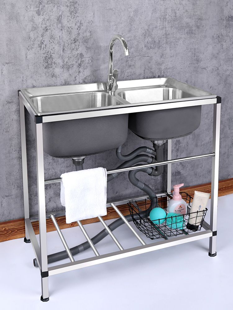 加厚不锈钢洗菜盆厨房水槽双槽简易带支架家用水池洗手洗碗槽304