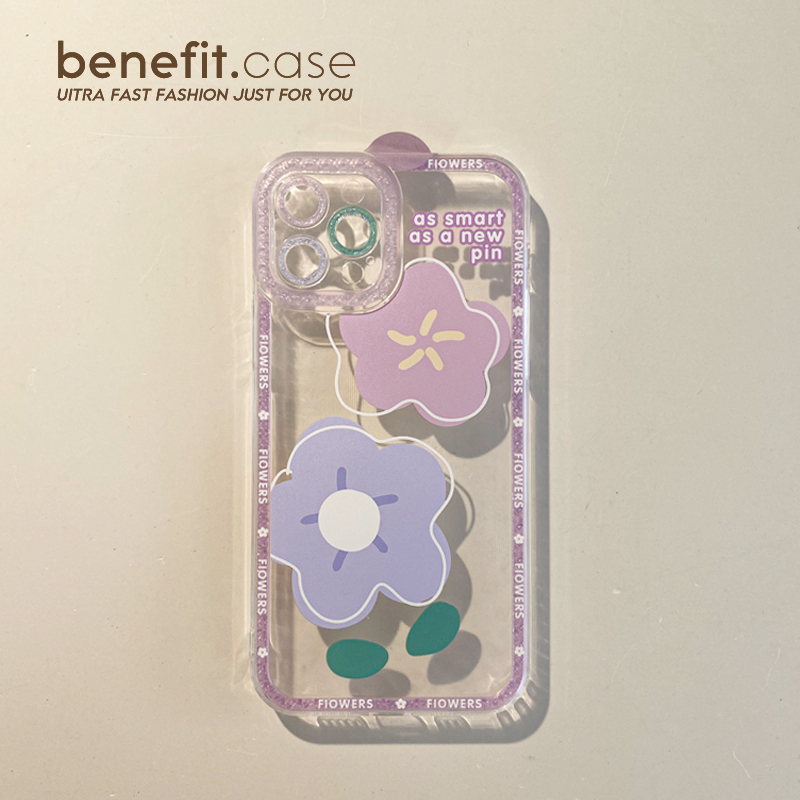 Benefit简约紫蓝花朵适用苹果13promax手机壳iphone12mini保护套xsmax小清新xr透明8plus硅胶7p软6s六七女