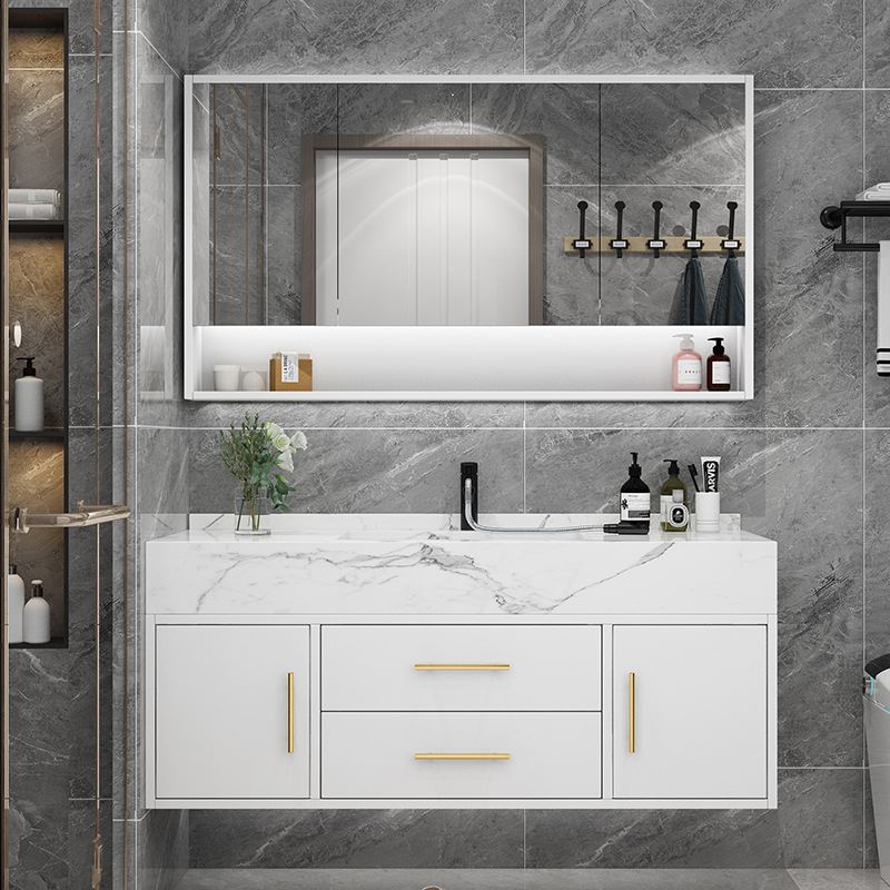 现代白色多层实木岩板台面浴室柜智能洗脸盆