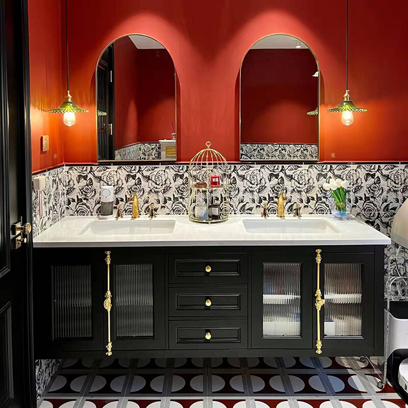 法式轻奢浴室柜组合美式橡木岩板陶瓷一体盆无缝洗漱台洗手盆脸盆