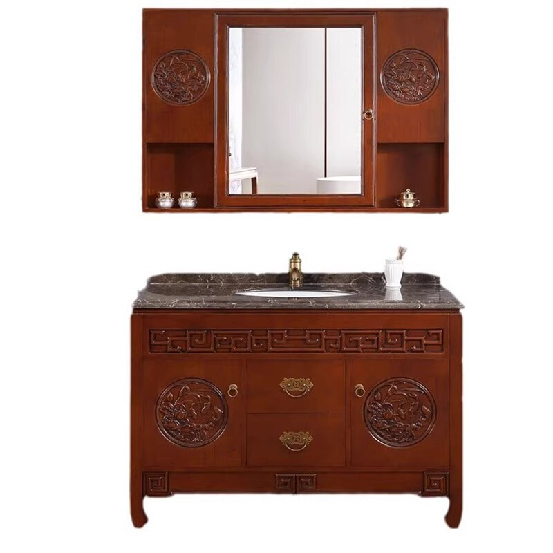 古典浴柜现代中式浴室柜组合泰国橡木洗脸盆落地式洗漱现货包邮