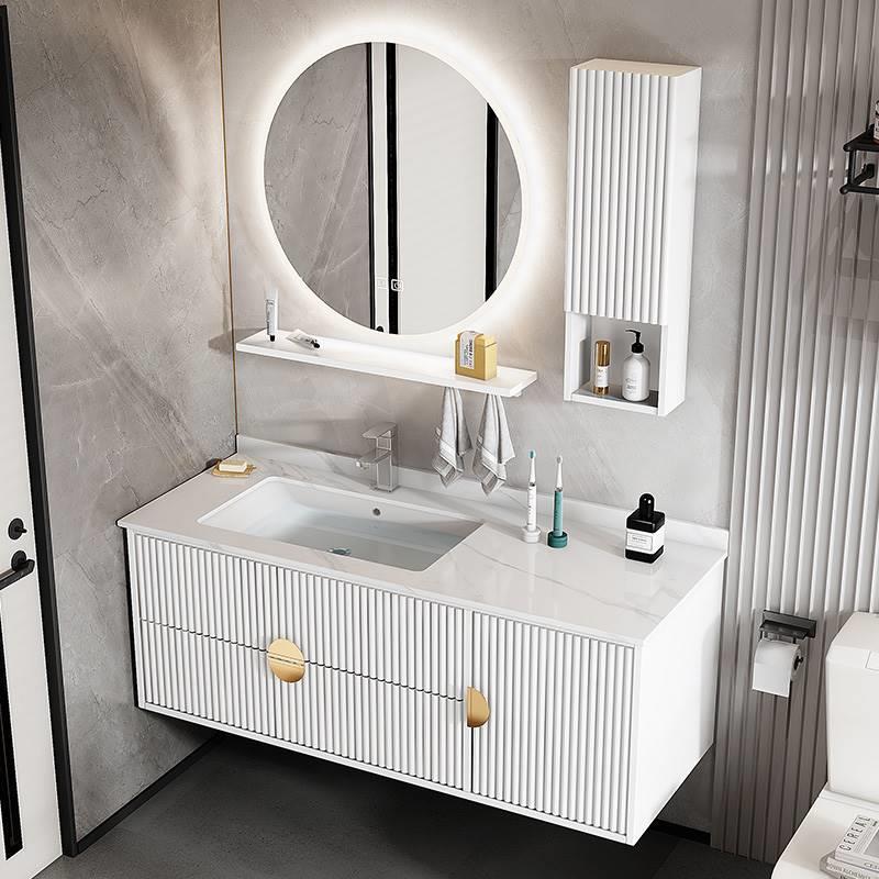 轻奢浴室柜卫生间洗漱台面盆洗手盆柜组合简约现代智能圆镜柜实木