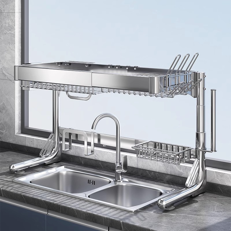 厨房不锈钢水槽置物架多功能伸缩放碗碟筷沥水架水池晾碗碟收纳架