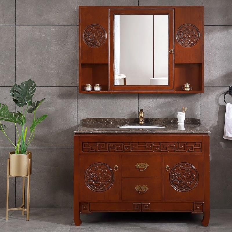古典卫浴柜现代中式浴室柜组合泰国橡木洗脸盆落地式洗漱现货包邮