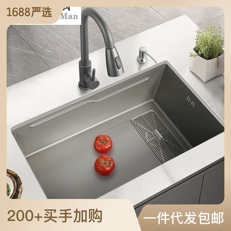 4.0加厚手工纳米灰304不锈钢厨房水槽大单槽左侧下水台下盆洗菜盆