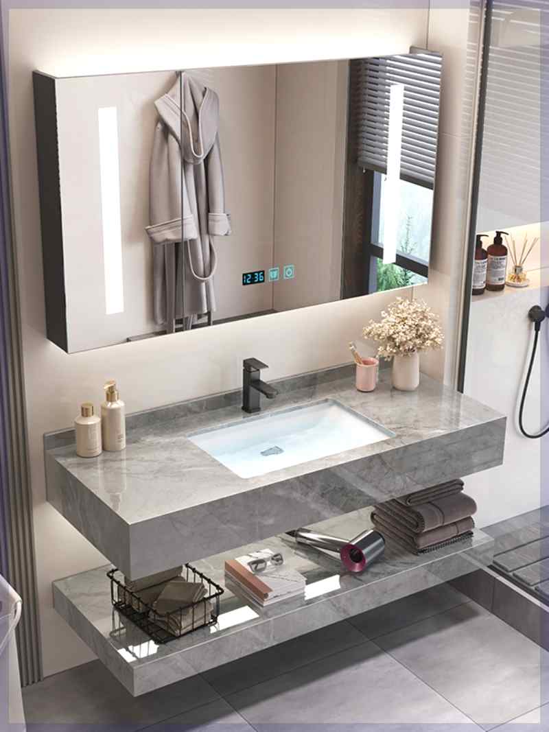 简约浴室柜组合亮面岩板陶瓷盆卫生间洗漱台洗手池洗脸池卫浴套装