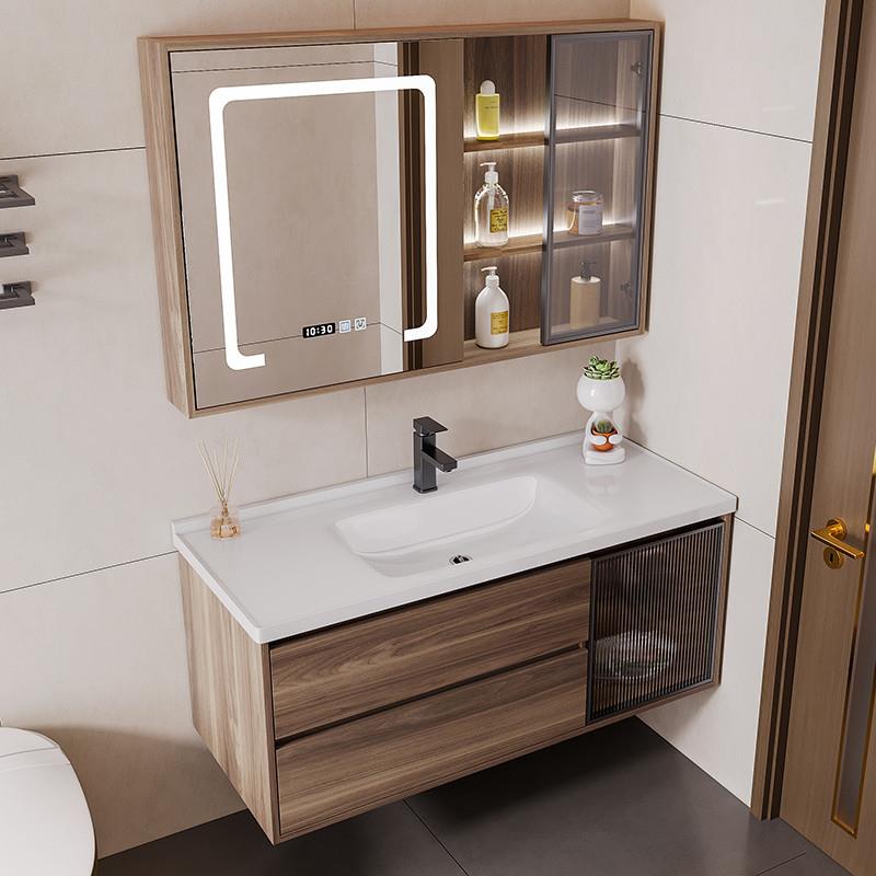 胡桃色浴室柜组合一体陶瓷盆卫生间洗手池洗脸盆实木洗漱台新中式