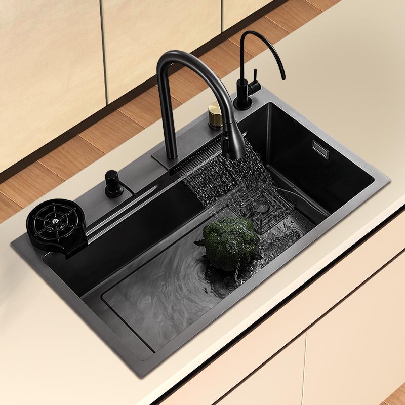 飞雨瀑布水槽大单槽纳米黑色加厚304不锈钢厨房家用洗菜盆洗碗池