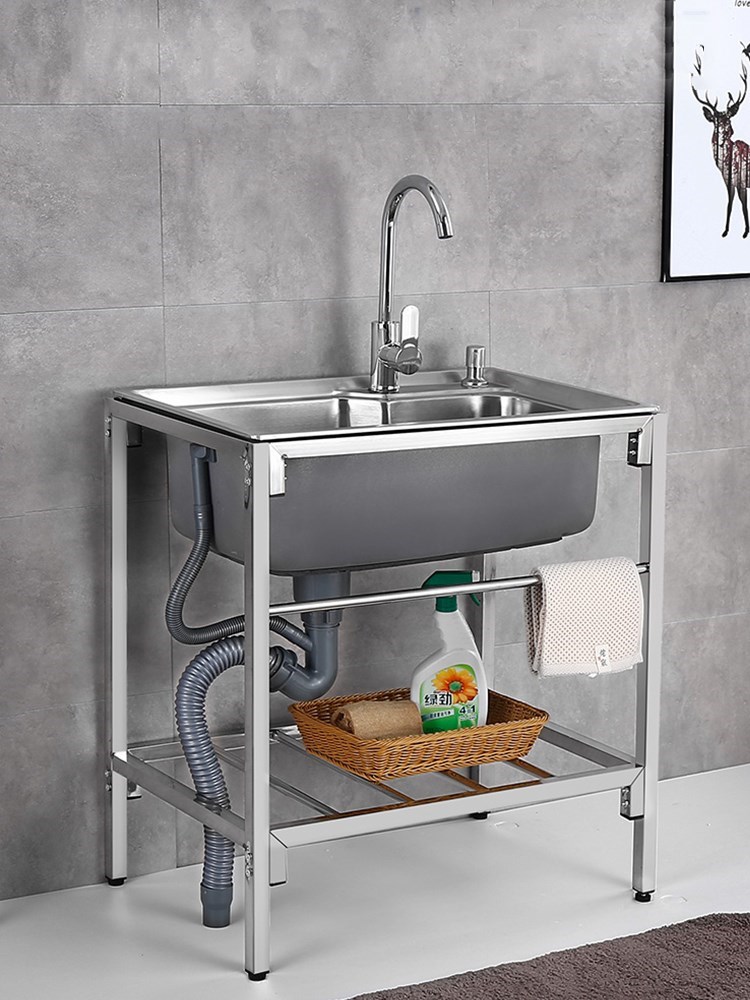 k简易洗手盆一体不锈钢水槽带支架单槽水池家用厨房双槽洗碗淘菜