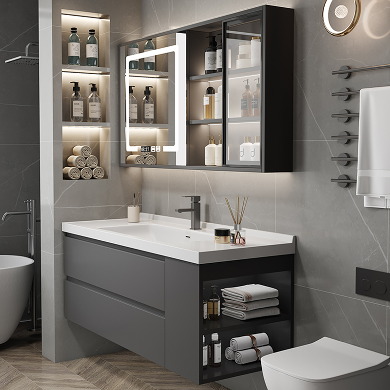实木浴室柜组合卫生间陶瓷一体盆现代简约智能洗脸盆侧收纳洗手盆
