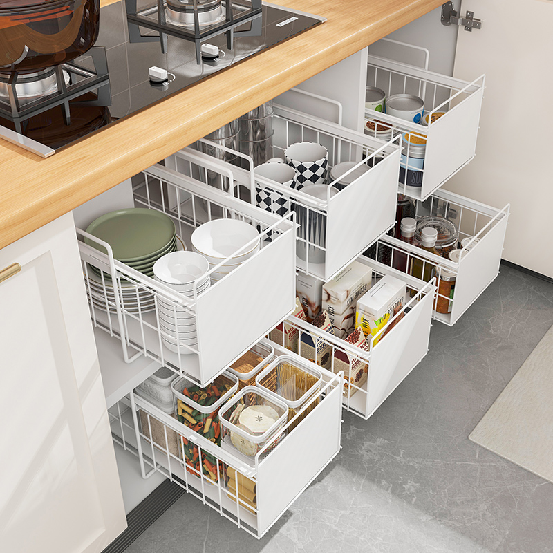 厨房下水槽置物架免安装抽拉式碗碟收纳架橱柜内置抽屉拉篮分层架