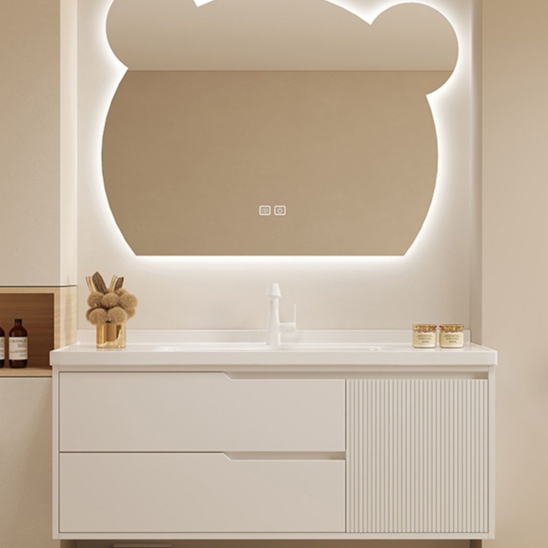 橡木浴室柜组合陶瓷一体盆小熊新款镜卫生间岩板组合洗脸池法式