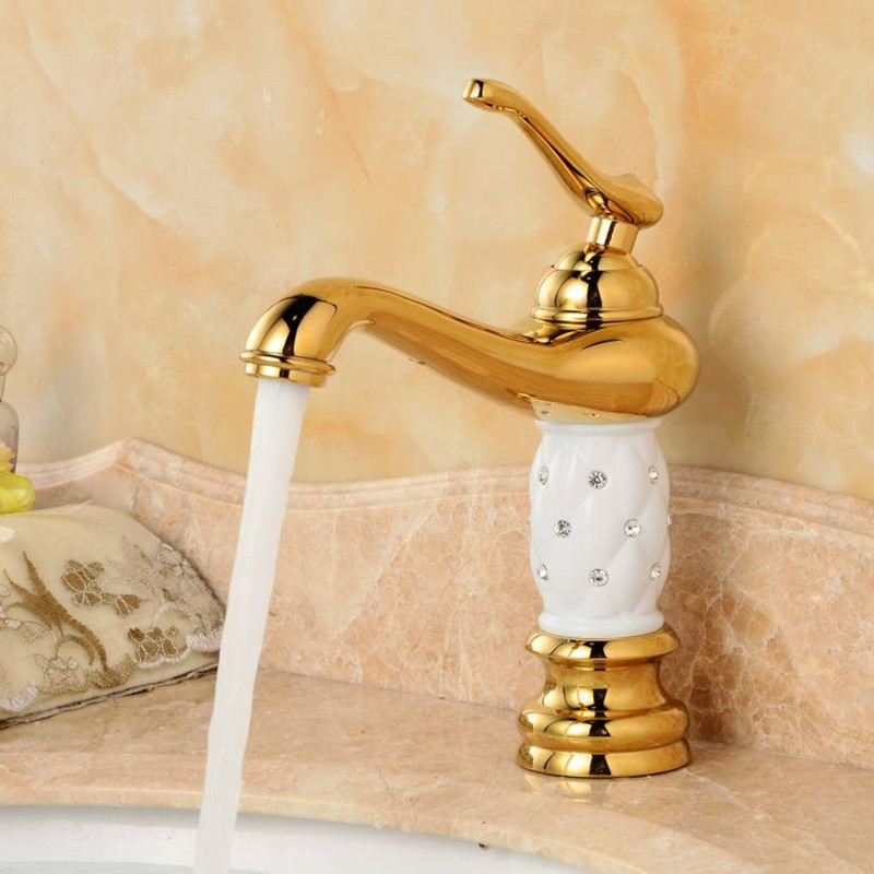 全铜欧式面盆单孔卫生间洗手盆金色台下盆玉石大理石冷热水龙头