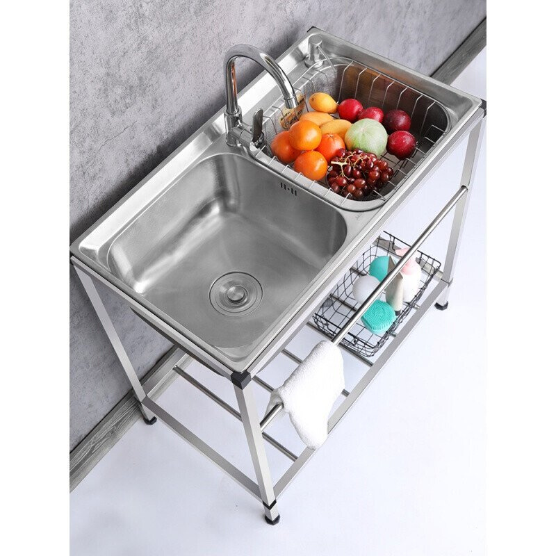 厨房一体加厚不锈钢水槽带支架洗菜盆双槽单槽简易水池家用洗手盆