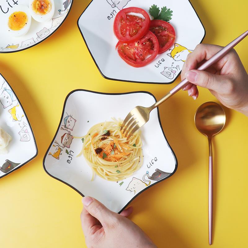 可爱卡通猫陶瓷盘子方形五角星菜盘家用组合套装创意网红早餐碟子