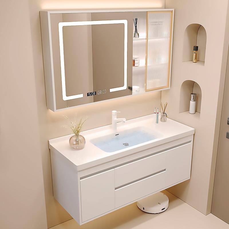 现代智能奶油风浴室柜组合肤感陶瓷一体洗手台盆卫生间洗漱洗脸盆