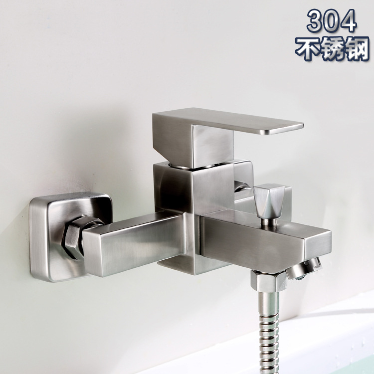 304不锈钢浴缸四方形三联龙头方形简易花洒套装喷头带下水龙头
