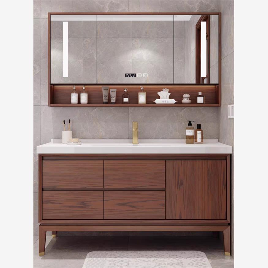 新中式红橡木洗手盆浴室柜组合陶瓷一体洗漱定制开放格热弯洗脸台
