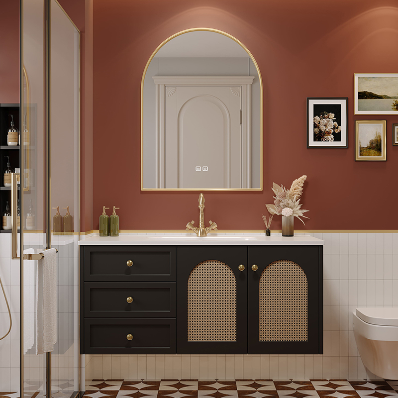 法式美式复古藤编浴室柜组合陶瓷一体洗漱盆实木烤漆定制洗脸池