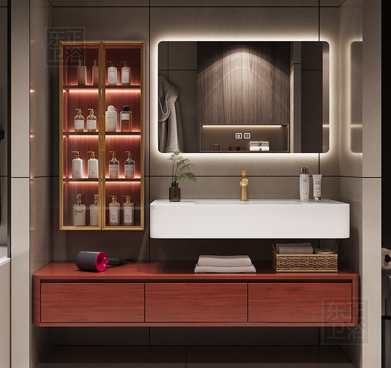 现代新中式肤感可丽耐一体盆浴室柜组合橡木实木洗脸洗漱台卫生间