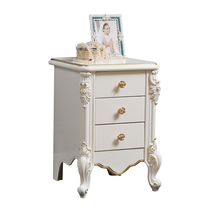 欧式床头柜卧室描约o现代多功能白色简金实法雕花木式浪漫储物柜