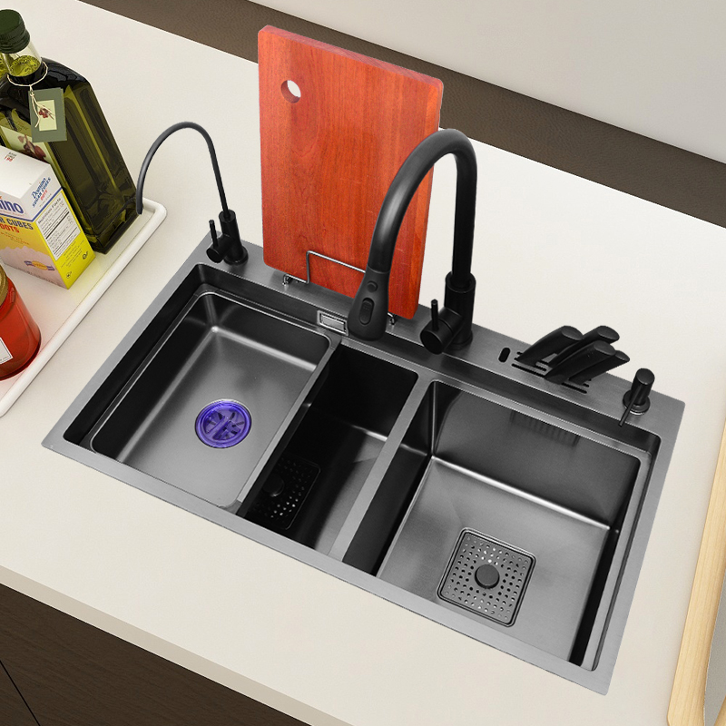 黑色纳米多功能水槽双槽304不锈钢厨房洗菜盆阶梯手工加厚洗碗池