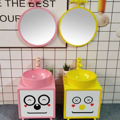 幼儿园儿童洗手盆组合卡通洗脸盆浴室柜彩色创意一体落地式立柱盆