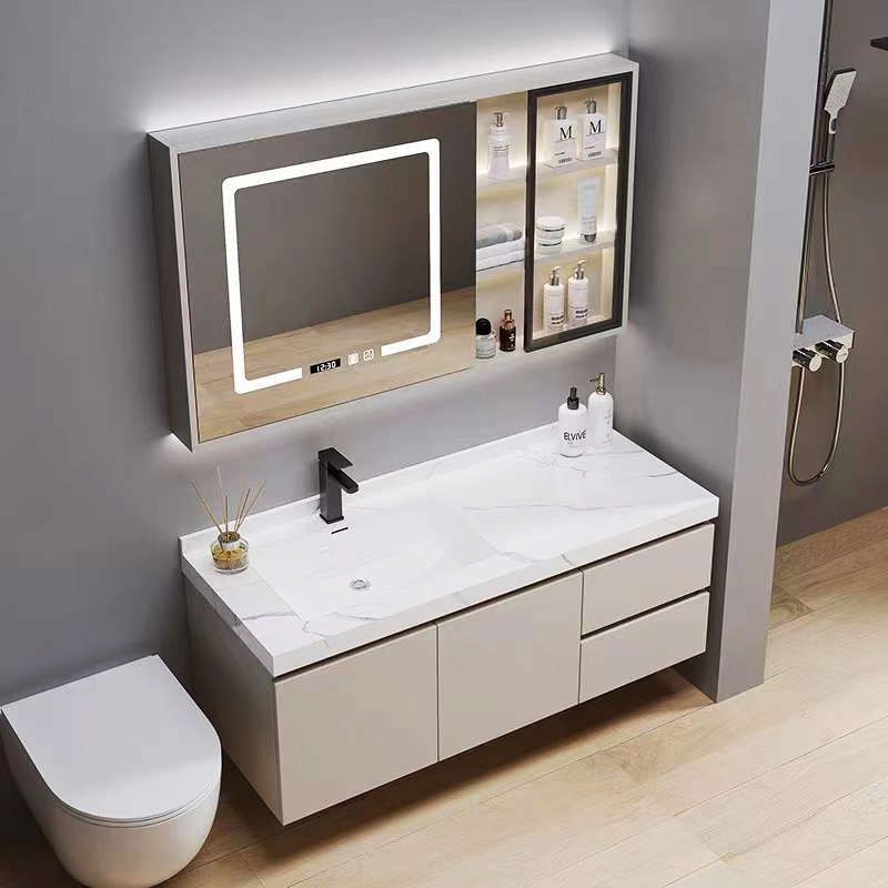 现代简约定制奶油风岩板无缝盆浴室柜智能镜柜组合卫生间洗漱台池