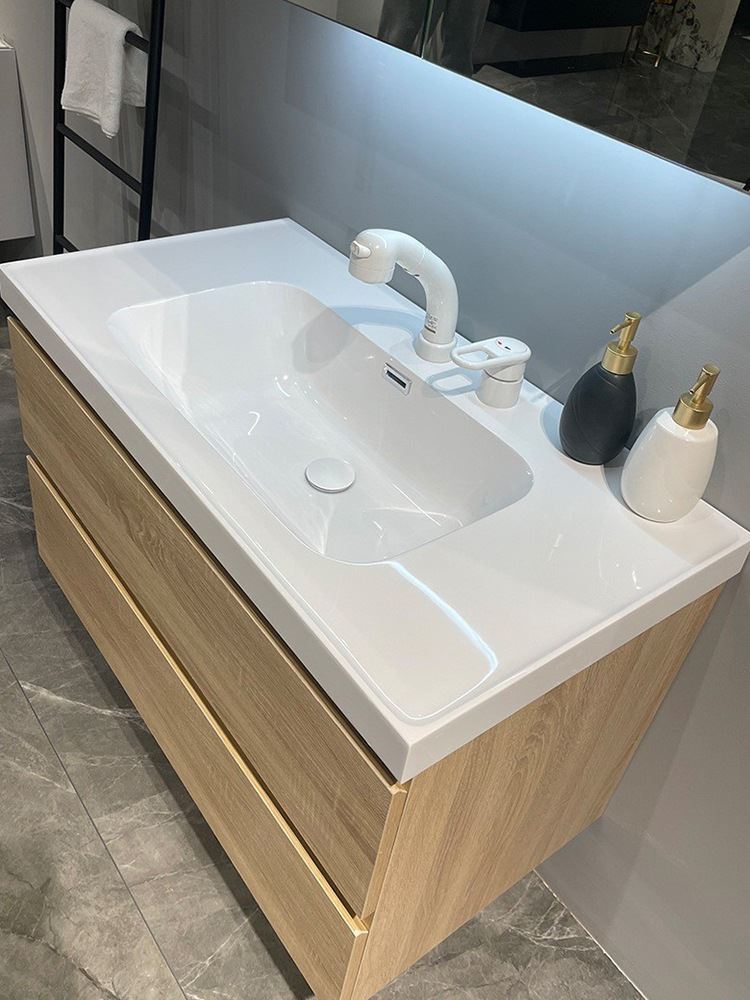 新款小户型实木卫浴柜卫生间洗手台微晶石一体盆日式原木色浴室柜