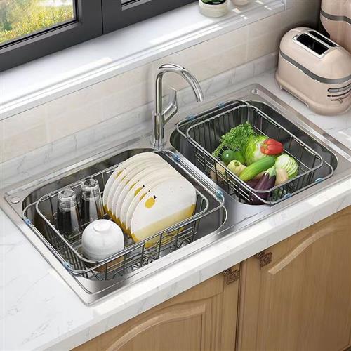 厨房水槽沥水架洗菜盆304不锈钢洗碗池可伸缩沥水篮碗筷碟收纳架