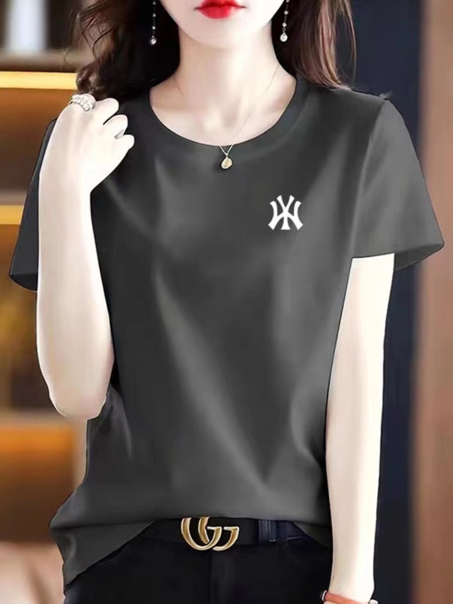 韩版纯棉短袖T恤女灰色半袖2023新款夏季宽松圆领上衣纯色打底衫