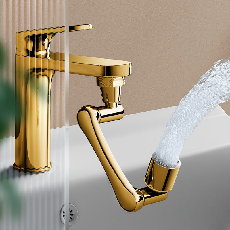 新款全铜金色机械臂万向水龙头延伸器防溅旋转起泡器万象洗手盆出
