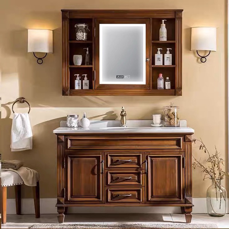 卫浴美式橡木浴室柜轻奢智能镜落地式卫生间洗手台盆洗脸盆柜组合