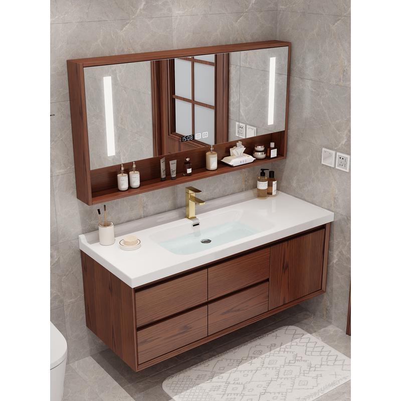 现代简约新中式红橡木陶瓷一体盆浴室柜组合智能收纳洗手洗脸盆柜