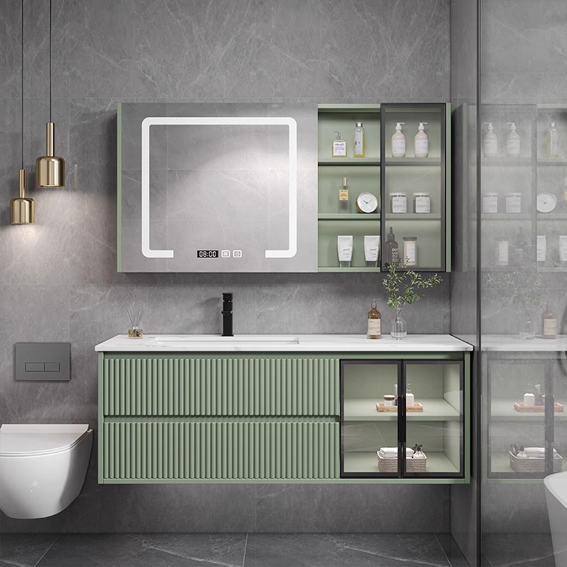 深豆沙绿浴室柜组合陶瓷一体盆卫生间实木卫浴柜多功能储物柜