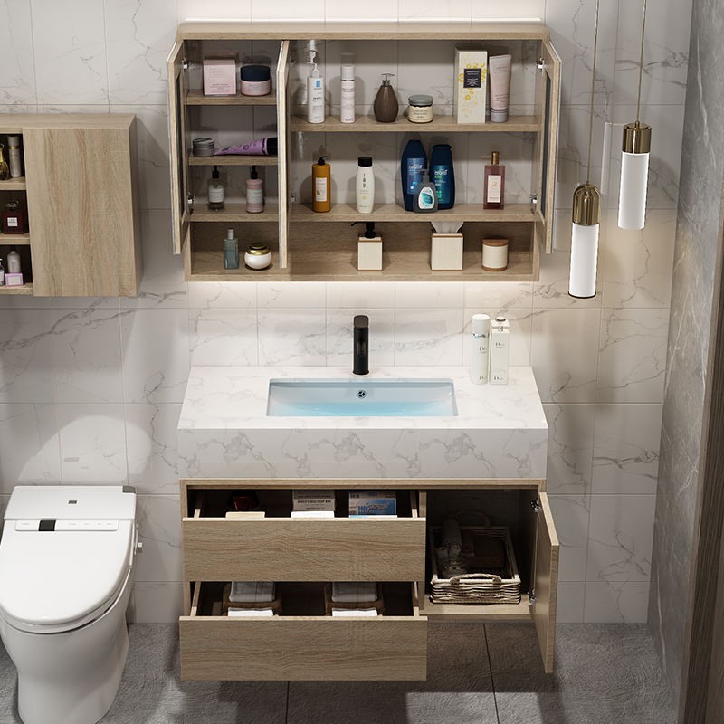 北欧大理石智能镜浴室柜组合卫生间洗漱台洗脸盆洗手池岩板一体式
