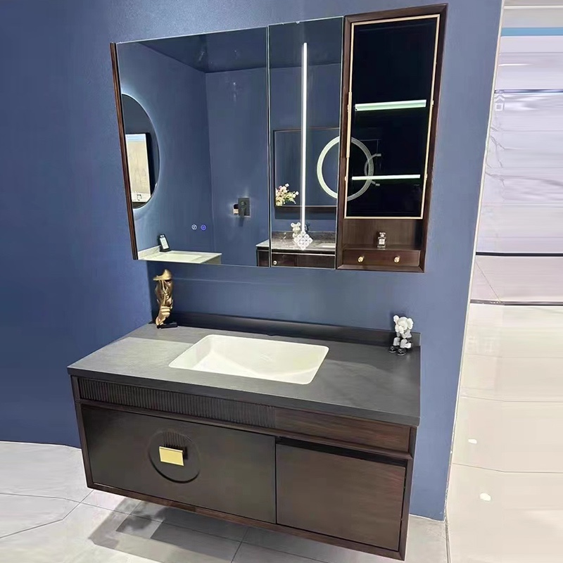 新中式现代浴室柜陶瓷一体盆胡桃色卫生间洗漱台洗手洗脸盆柜组合