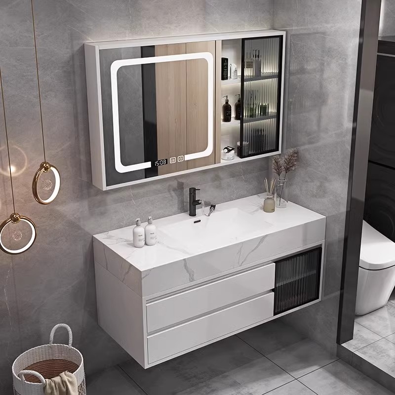 岩板无缝拼接陶瓷盆现代简约卫生间智能镜柜洗漱台一体浴室柜组合