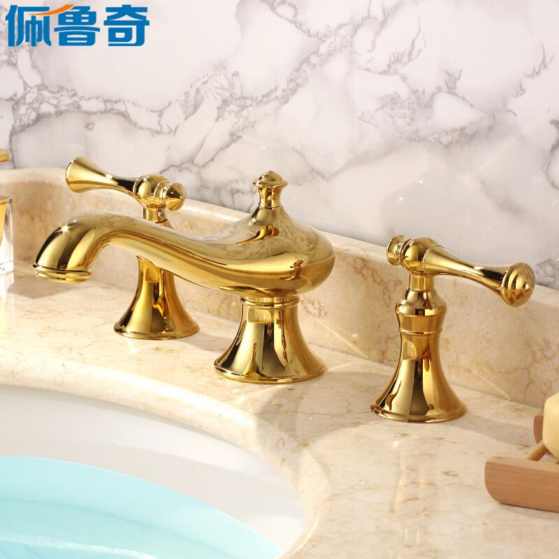 新款佩鲁奇卫浴 欧式金色黄铜水龙头 冷热8寸三孔分体式仿古面盆