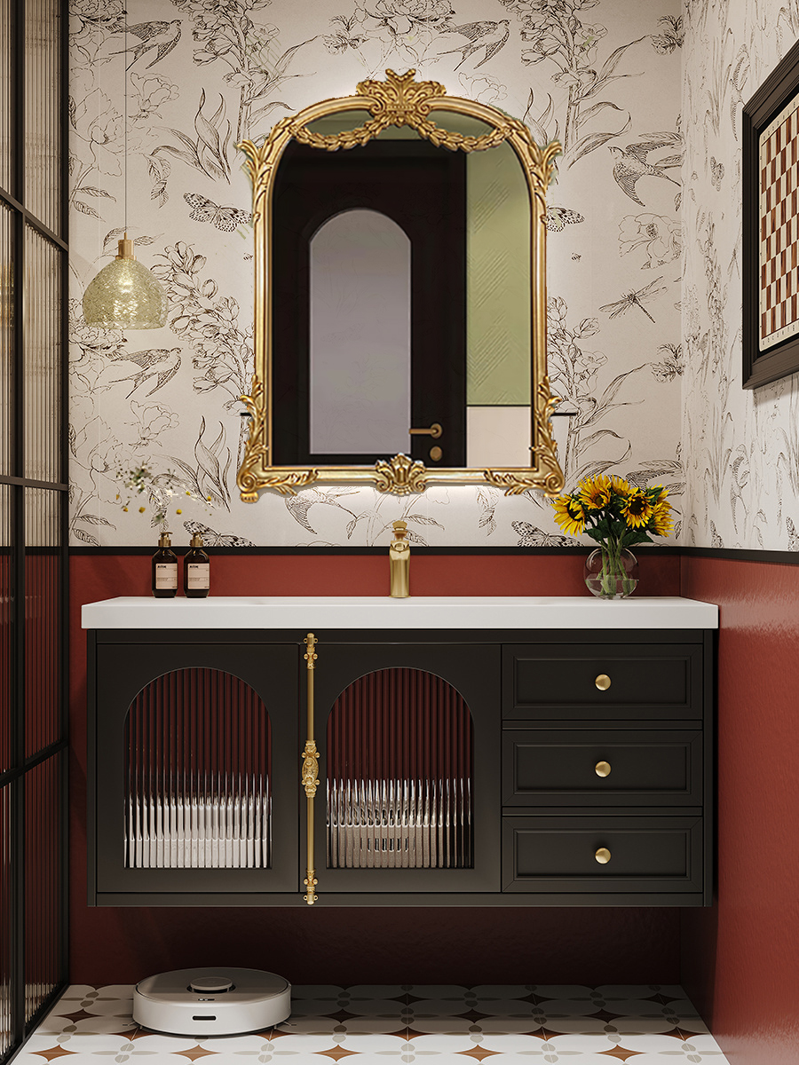 法式复古美式浴室柜橡木岩板无缝盆洗脸盆柜组合洗漱手盆卫生间