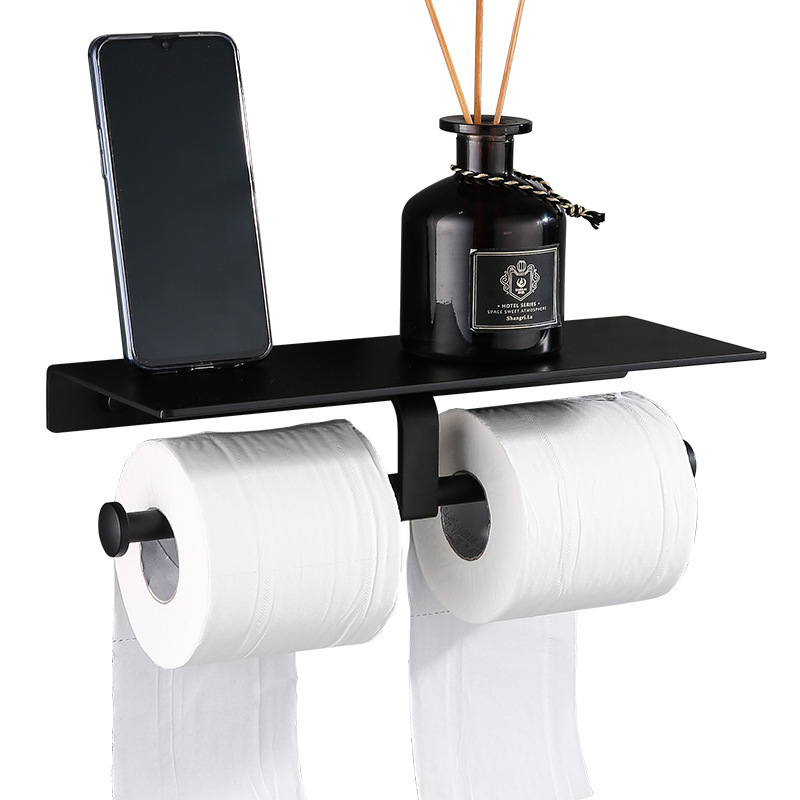 免打孔太空铝卫生间双杆纸巾盒卫生纸盒卷纸手机架黑色浴室纸巾架