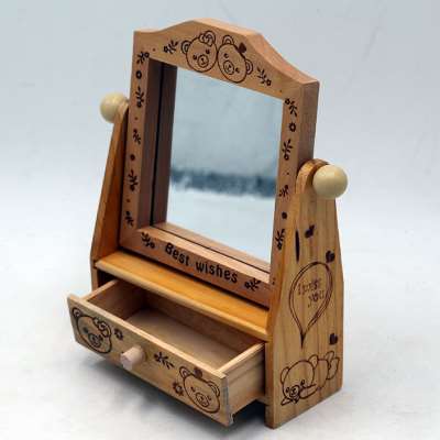 桌面台式小镜子旋转镜带抽屉 木质家用化妆镜房间办公桌柜台摆设