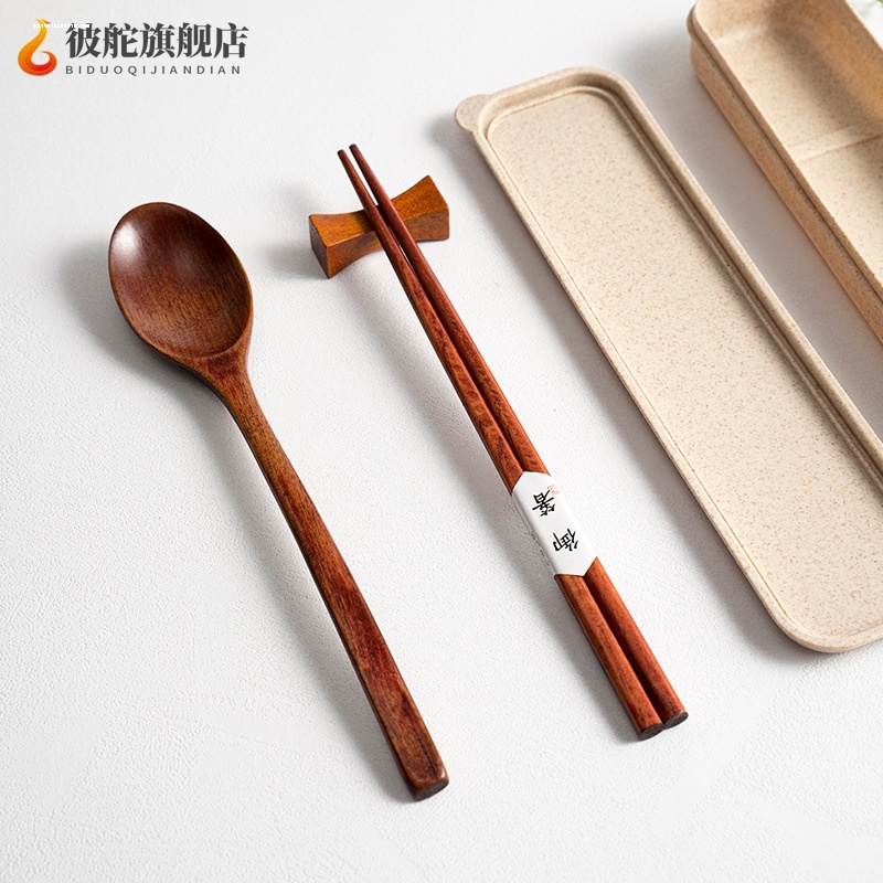 日式便携餐具筷子勺子套装实木筷子三件套儿童学生上班族旅行筷子