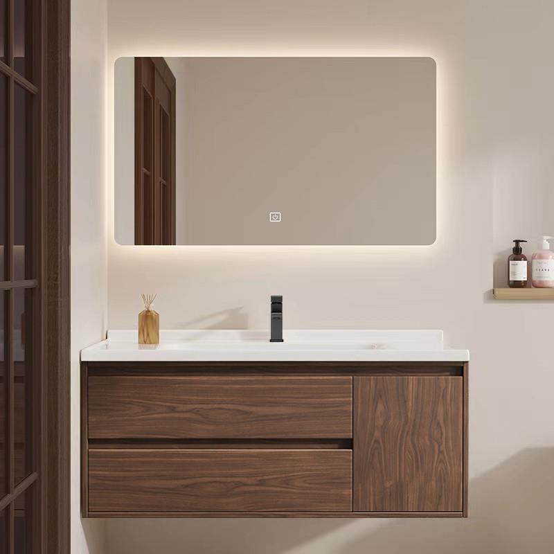 新中式胡桃色浴室柜组合卫生间洗手池洗脸盆实木洗漱台陶瓷一体盆