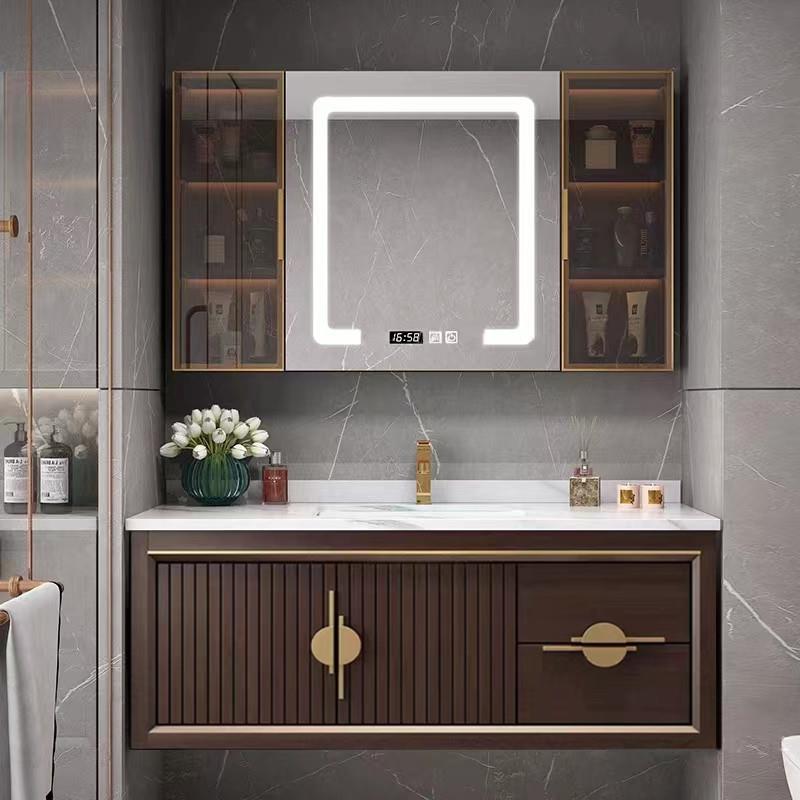 新中式陶瓷一体盆浴室柜组合洗手洗脸盆橡木岩板无缝卫生间洗漱台