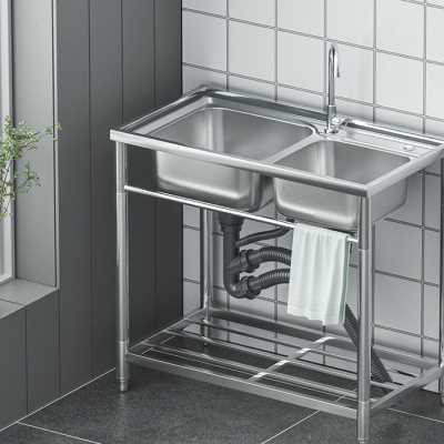 新款加厚不锈钢单水槽家用厨房洗碗菜双盆简易洗手池带支架卫生间