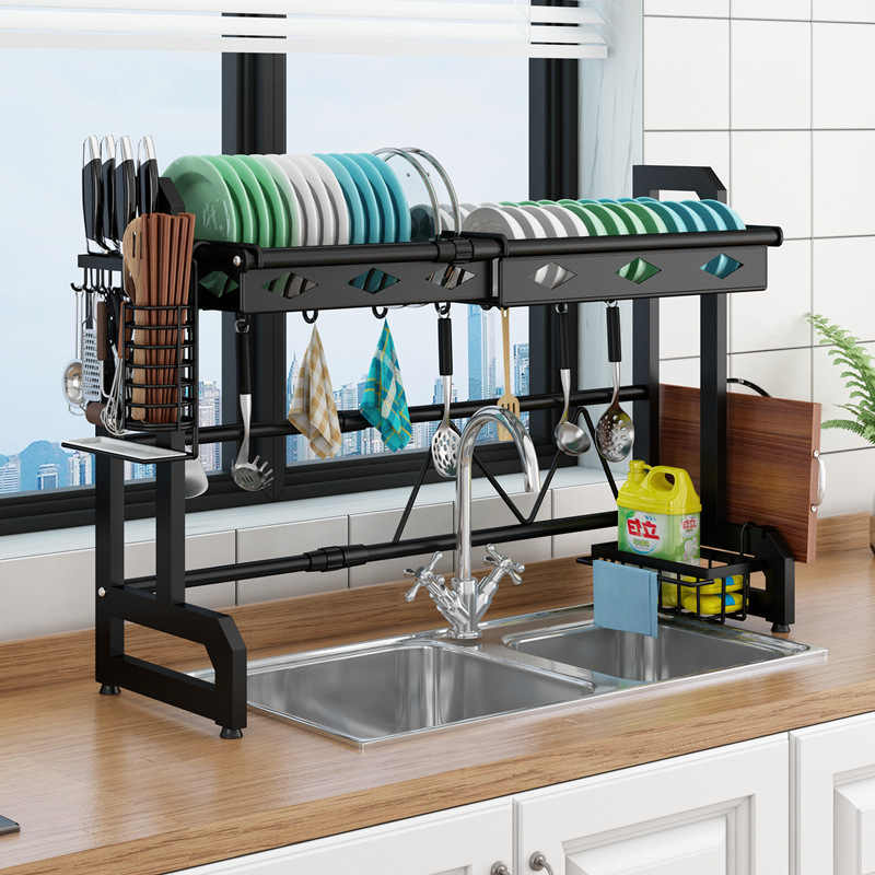 厨房台面置物架可伸缩水槽沥水架碗碟筷笼双层加高加粗家用收纳架